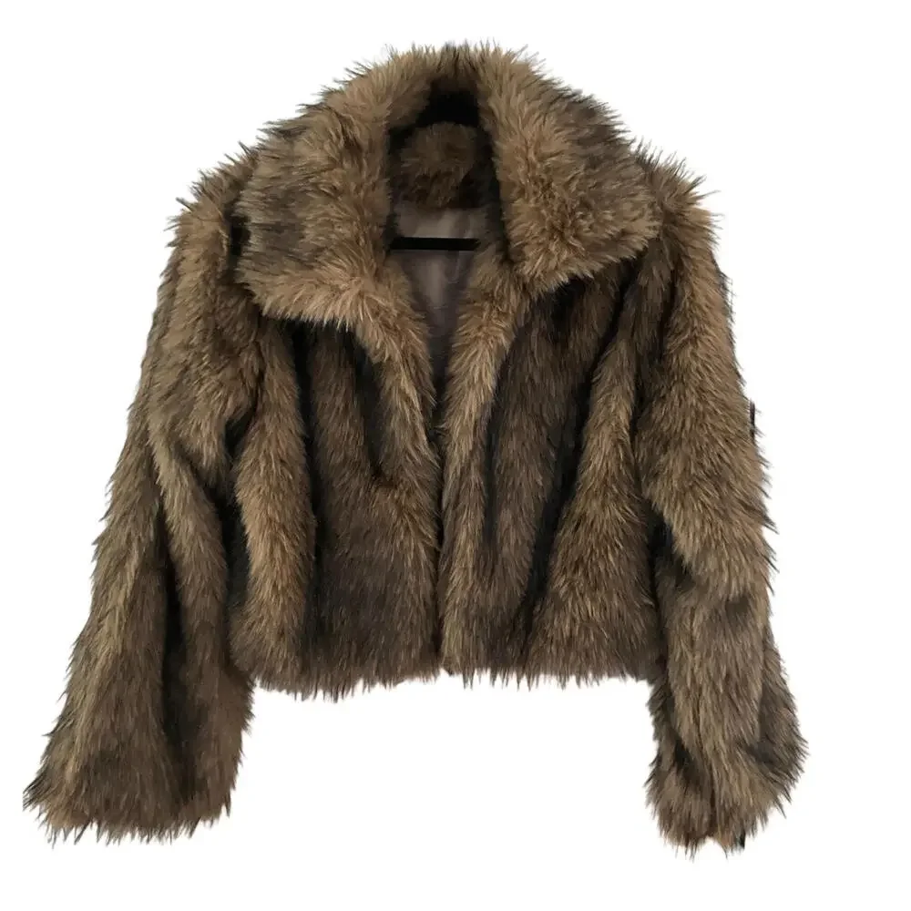 NWT Luxury Sz L Brown Cropped Faux Fur Coat Chic IT Girl Street Style Glam Vibe - Picture 3 of 9